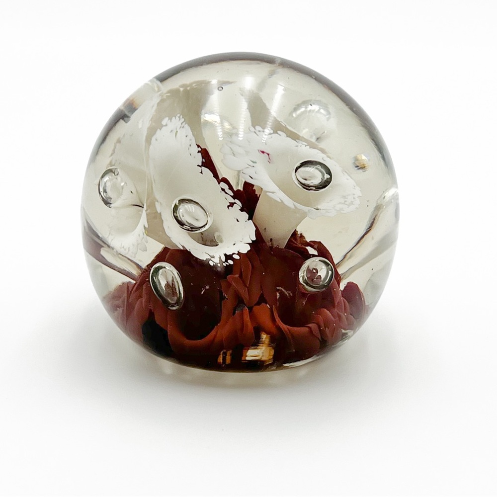 Vintage Glass Paperweight Floral Coral Controlled Bubbles